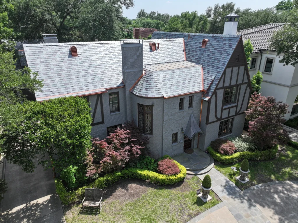 Drone view of completed slate roof by national roofing experts