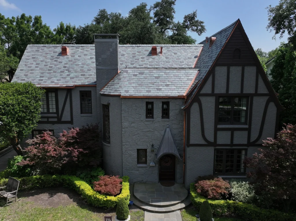 Drone view of completed slate roof by national roofing experts